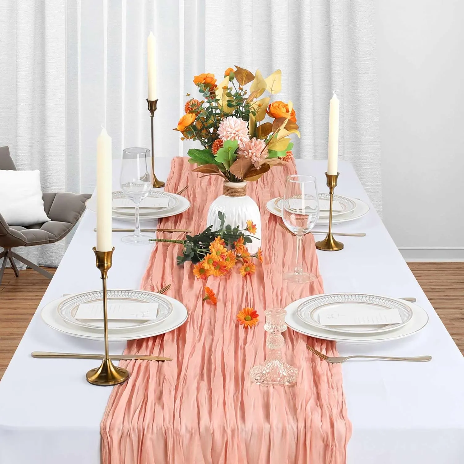 6 Pack Blush Pink Cheesecloth Table Runner 10Ft Gauze Cheese Cloth Table Runner 35x120 Inch Boho Sheer Rustic Fabric Runner for Party Decor Baby Shower Summer Wedding Table Decorations