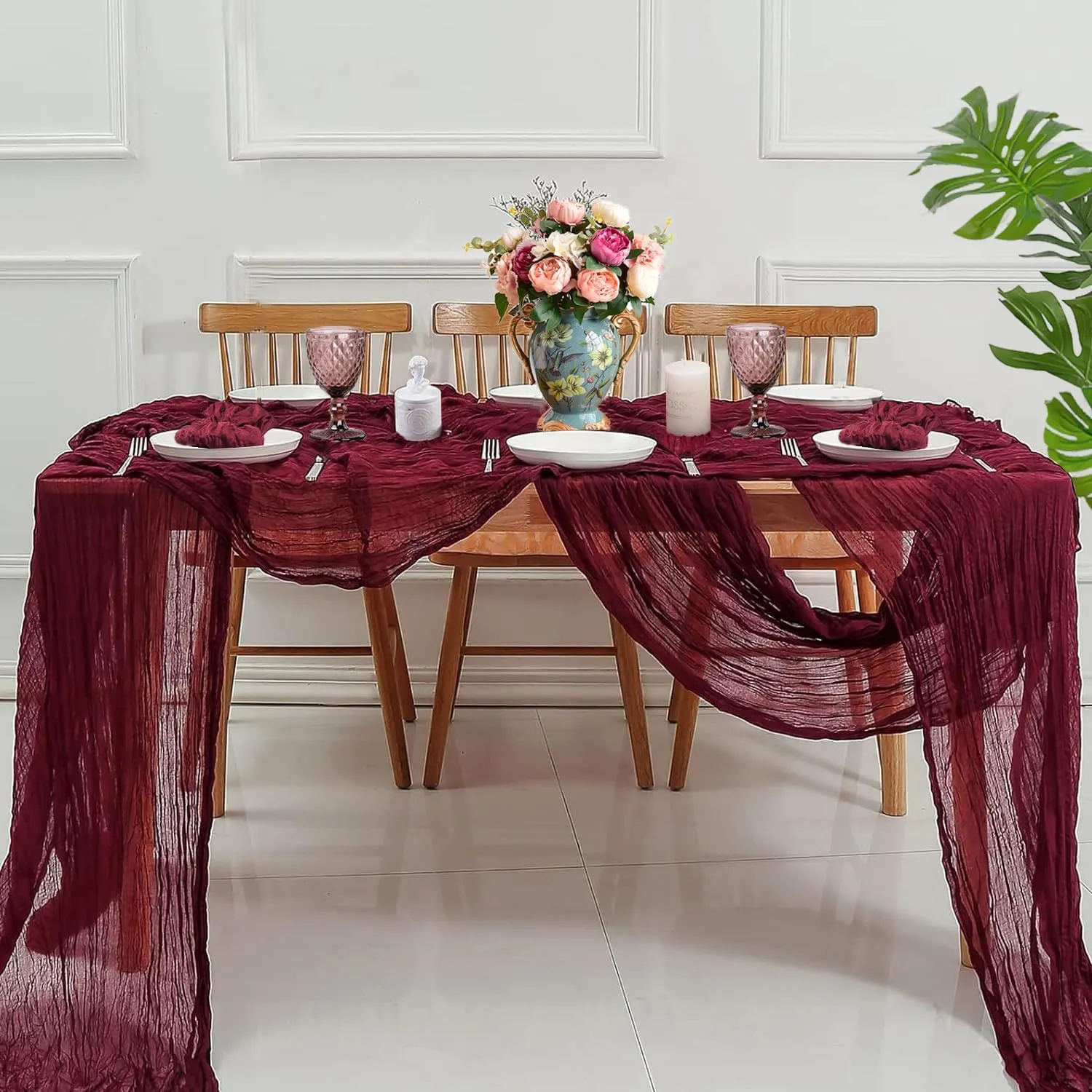 6 Pack Burgundy Cheesecloth Table Runner 10Ft 35x120 Inch Burgundy Table Runner Rustic Boho Gauze Cheese Cloth Table Runner for Wedding Baby Bridal Shower Birthday Party Decorations