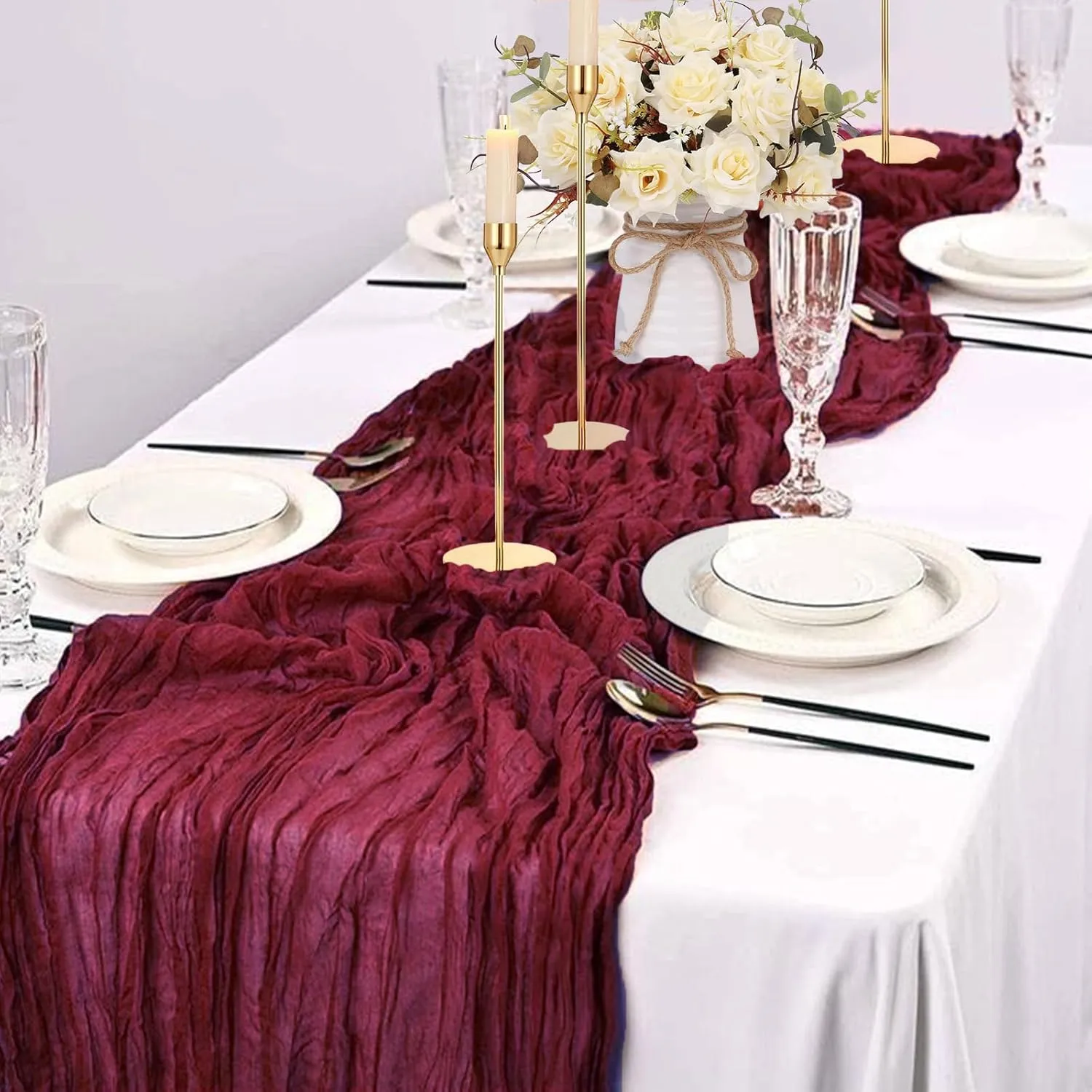 6 Pack Burgundy Cheesecloth Table Runner 10Ft 35x120 Inch Burgundy Table Runner Rustic Boho Gauze Cheese Cloth Table Runner for Wedding Baby Bridal Shower Birthday Party Decorations