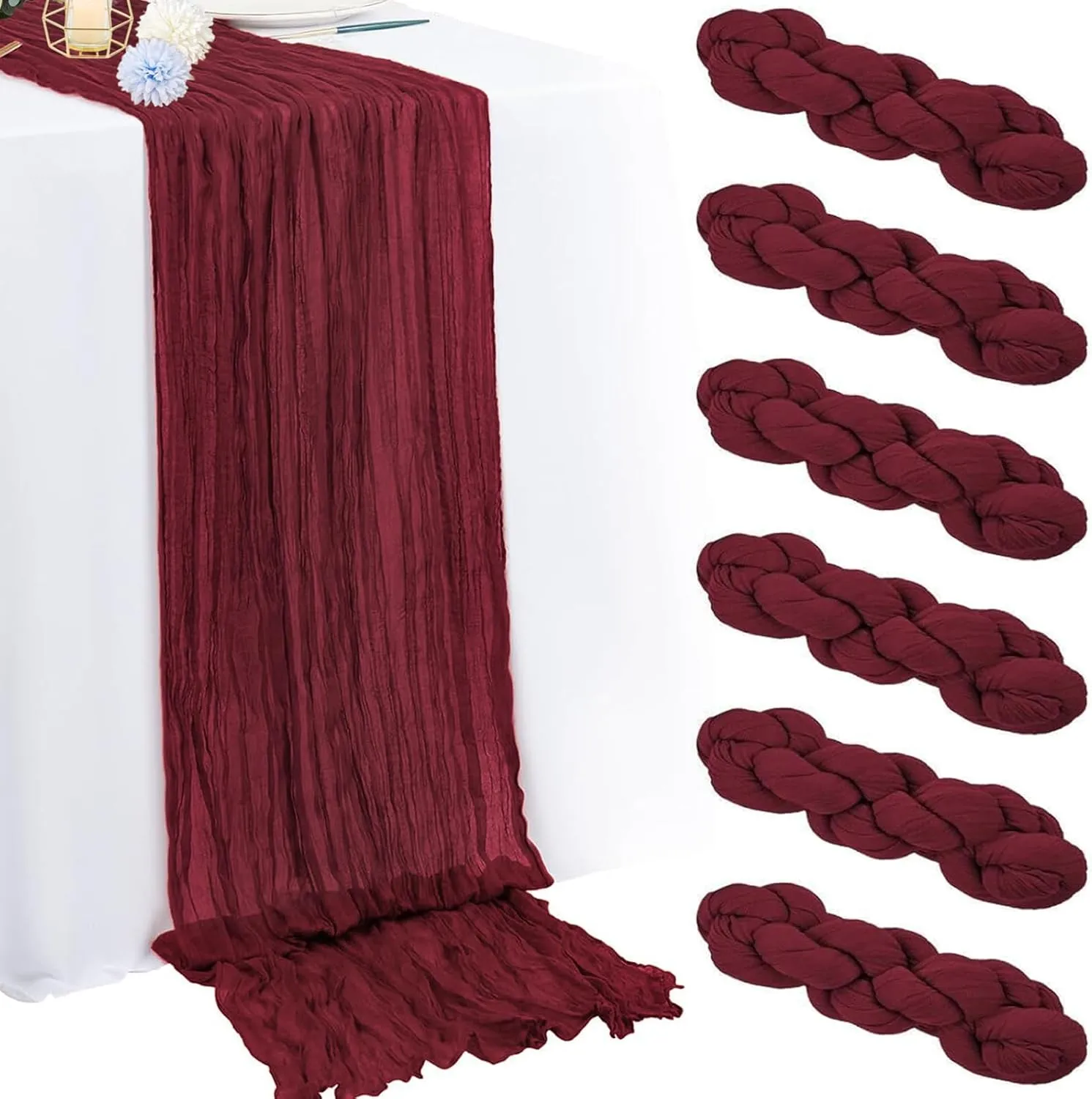6 Pack Burgundy Cheesecloth Table Runner 10Ft 35x120 Inch Burgundy Table Runner Rustic Boho Gauze Cheese Cloth Table Runner for Wedding Baby Bridal Shower Birthday Party Decorations