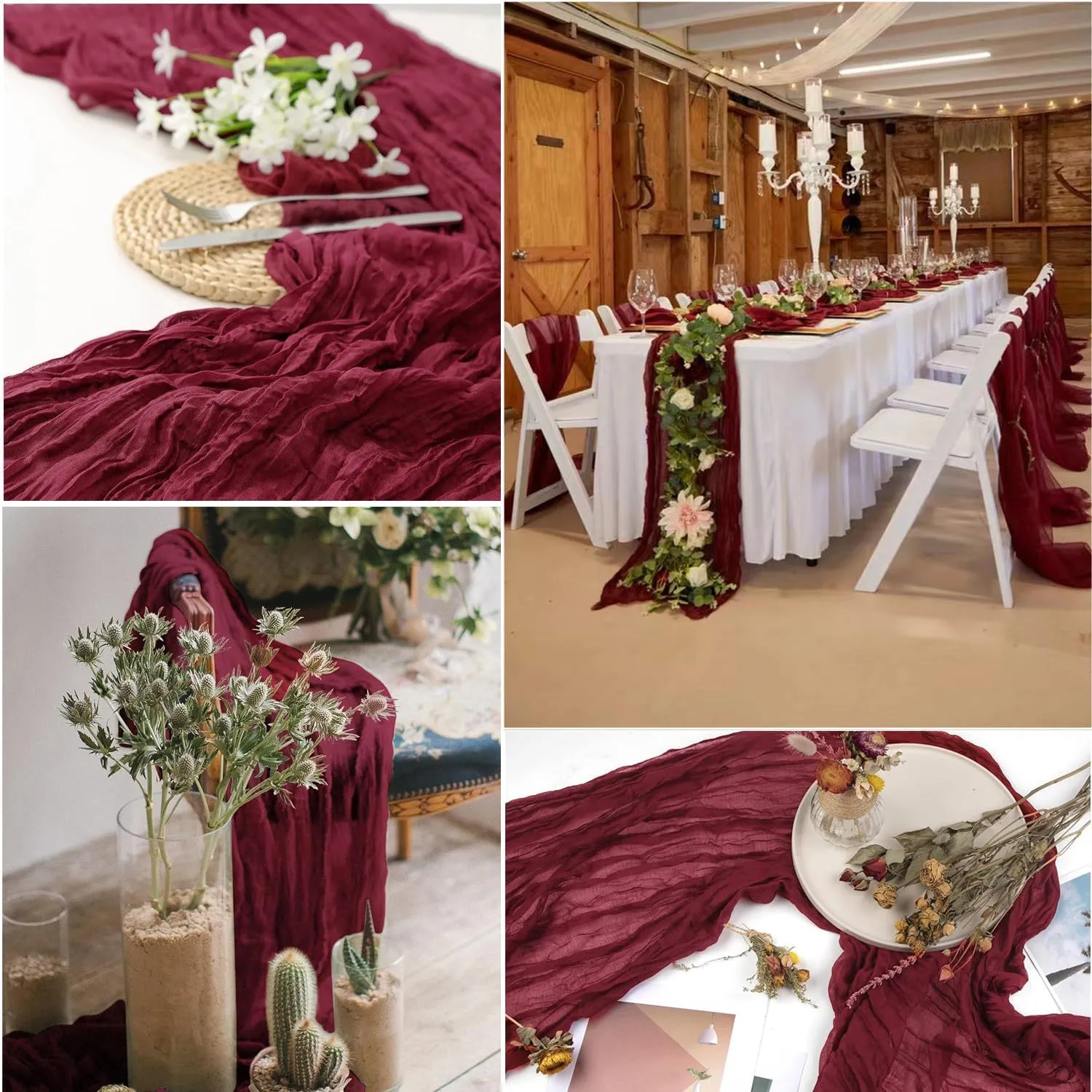 6 Pack Burgundy Cheesecloth Table Runner 10Ft 35x120 Inch Burgundy Table Runner Rustic Boho Gauze Cheese Cloth Table Runner for Wedding Baby Bridal Shower Birthday Party Decorations