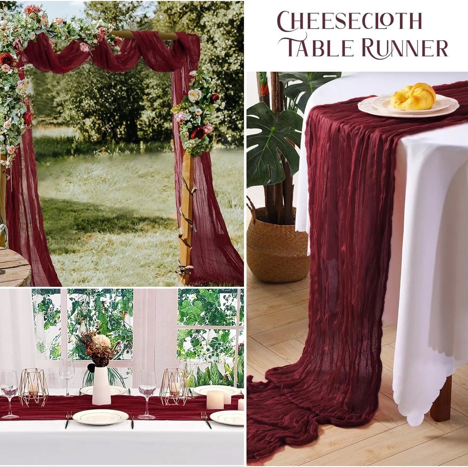 6 Pack Burgundy Cheesecloth Table Runner 10Ft 35x120 Inch Burgundy Table Runner Rustic Boho Gauze Cheese Cloth Table Runner for Wedding Baby Bridal Shower Birthday Party Decorations