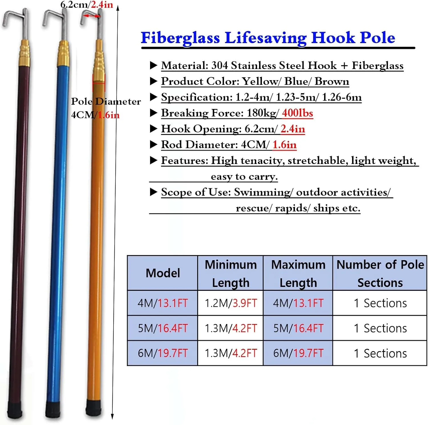 6 Pack Commercial Multifunctional Boat Hook Pole, Telescopic Rescue Pull Poles Equipment Heavy Duty for Drowning Victims, Professional & Utility Cargo Gripping Tool(Yellow,5M/16.4FT)