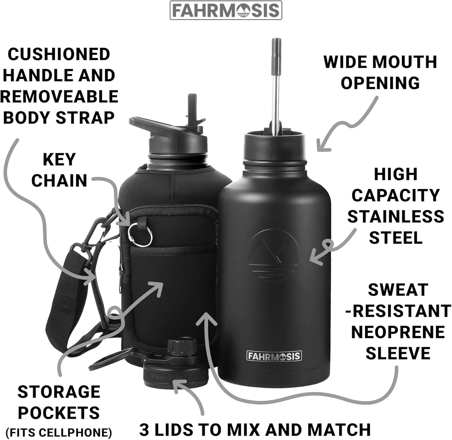 64 Oz Insulated Water Bottle with Strap Stainless Steel Sports Water Bottle with 3 Lids (Straw, Chug and Flip Lid) Leak Proof Metal Half Gallon Jug for Men & Women - Black