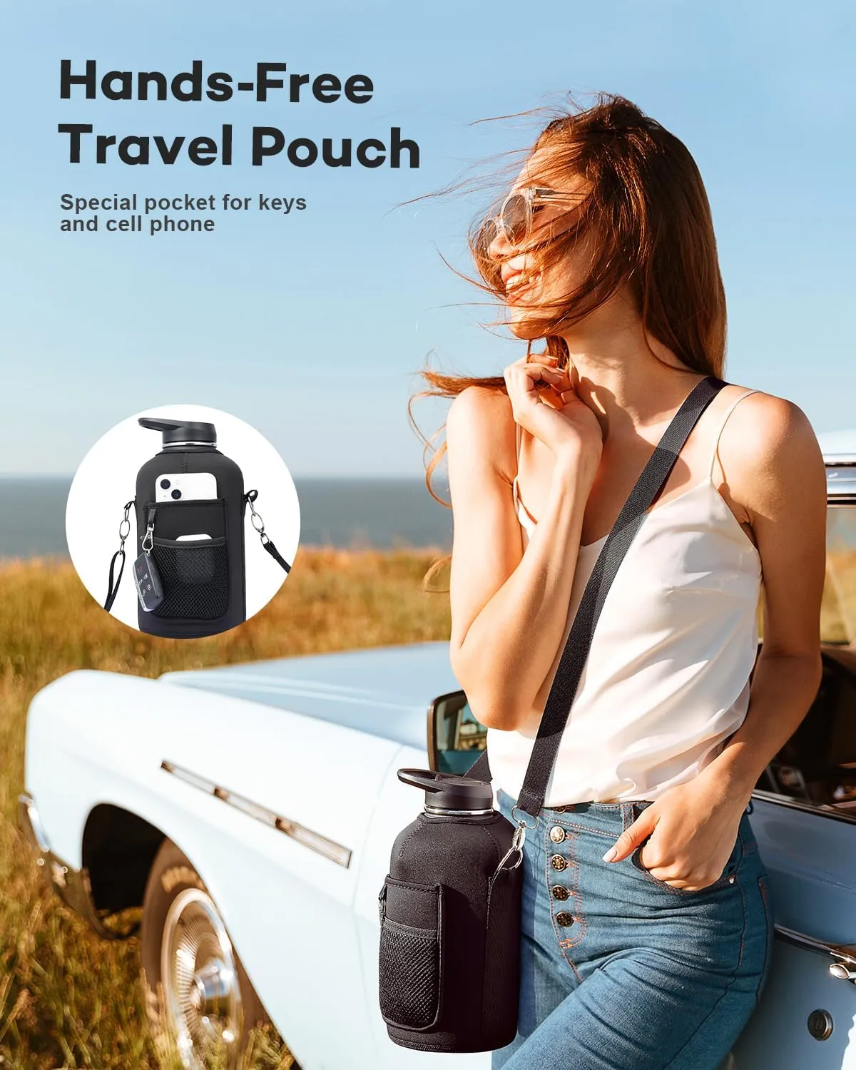 64 oz Insulated Water Bottle with Straw and Lid, Half Gallon Stainless Steel Cup with Handle,Leakproof Metal Travel Jug Flask Mug Tumbler Cup With Carry Pouch and Brush,Keep Cold & Hot,Blue