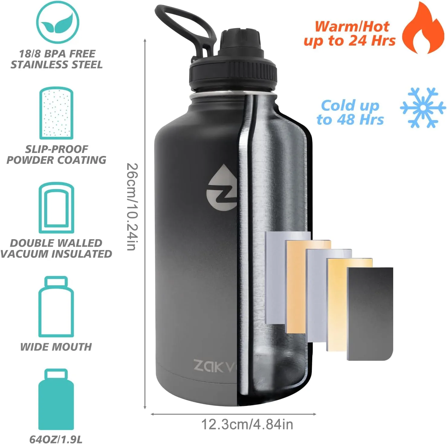64 oz Insulated Water Bottle with Straws&3 Lids, ZAKVOP Half Gallon Water Bottle Stainless Steel Double Walled, Big Water Jug with Paracord Handle, Large Metal Water Bottle for Gym