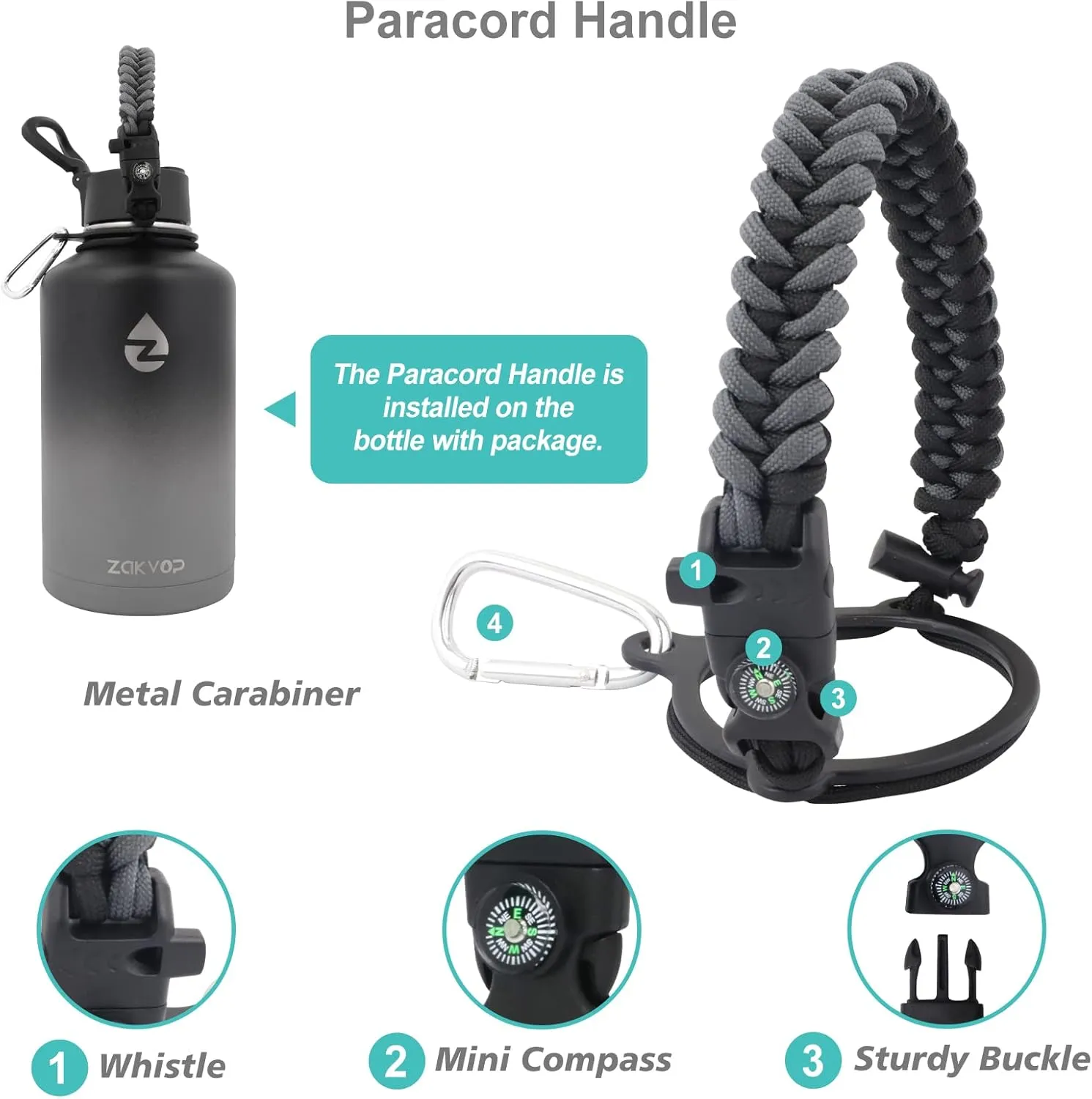 64 oz Insulated Water Bottle with Straws&3 Lids, ZAKVOP Half Gallon Water Bottle Stainless Steel Double Walled, Big Water Jug with Paracord Handle, Large Metal Water Bottle for Gym