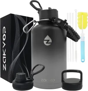 64 oz Insulated Water Bottle with Straws&3 Lids, ZAKVOP Half Gallon Water Bottle Stainless Steel Double Walled, Big Water Jug with Paracord Handle, Large Metal Water Bottle for Gym