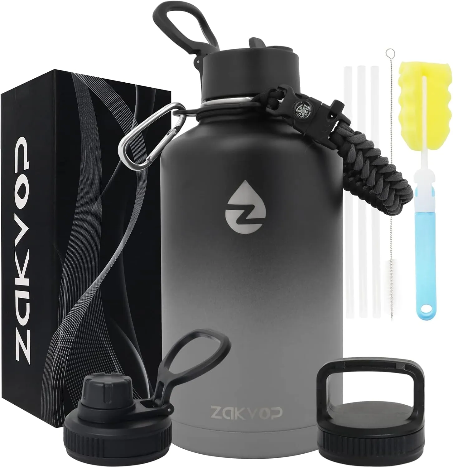 64 oz Insulated Water Bottle with Straws&3 Lids, ZAKVOP Half Gallon Water Bottle Stainless Steel Double Walled, Big Water Jug with Paracord Handle, Large Metal Water Bottle for Gym
