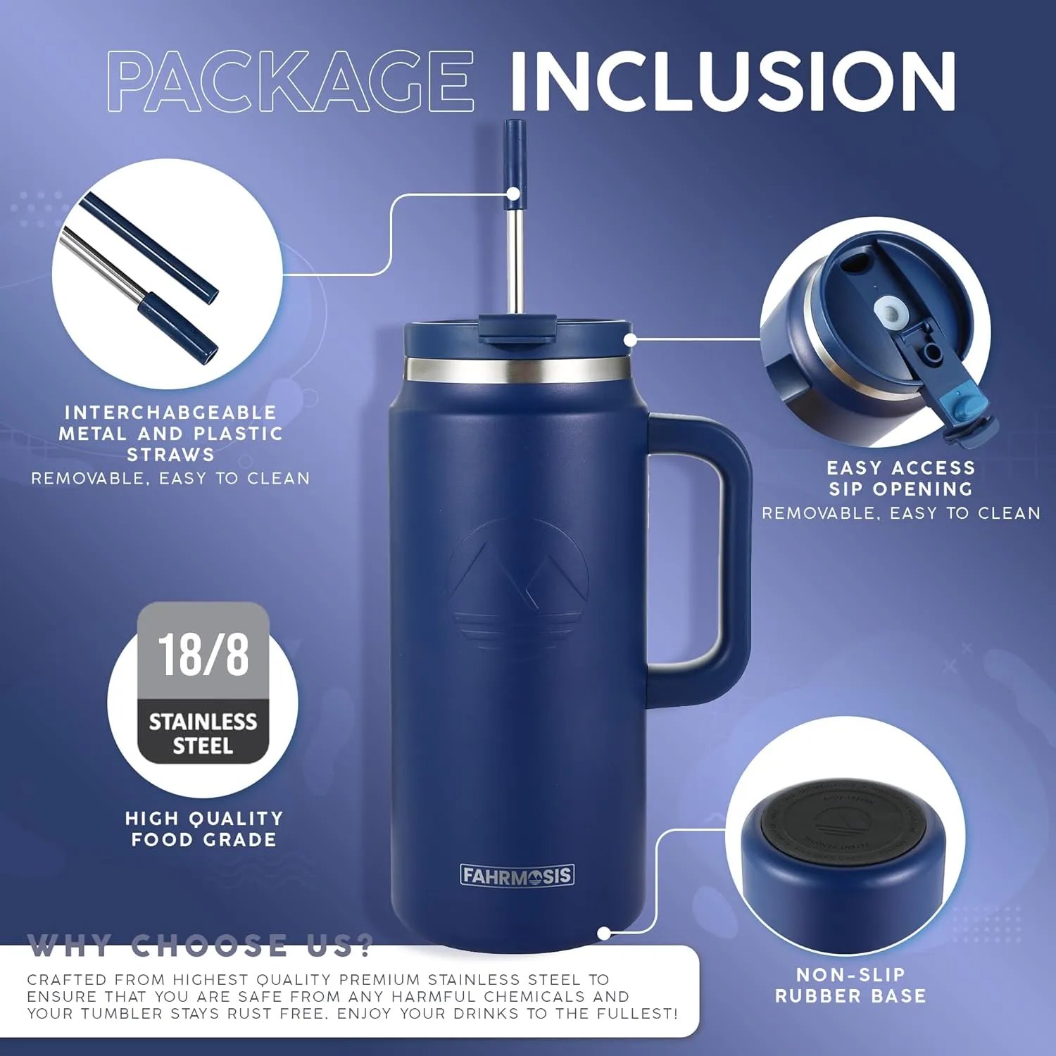 64 Oz Tumbler with Handle and Straw Half Gallon Water Bottle Stainless Steel Travel Mug for Hot & Cold Drinks, Reusable Water Bottle with Lids and Straw - Navy Blue