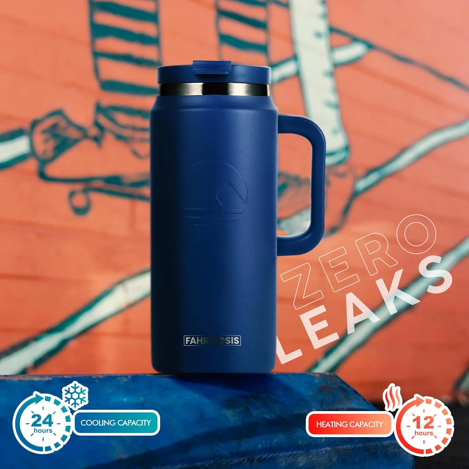 64 Oz Tumbler with Handle and Straw Half Gallon Water Bottle Stainless Steel Travel Mug for Hot & Cold Drinks, Reusable Water Bottle with Lids and Straw - Navy Blue