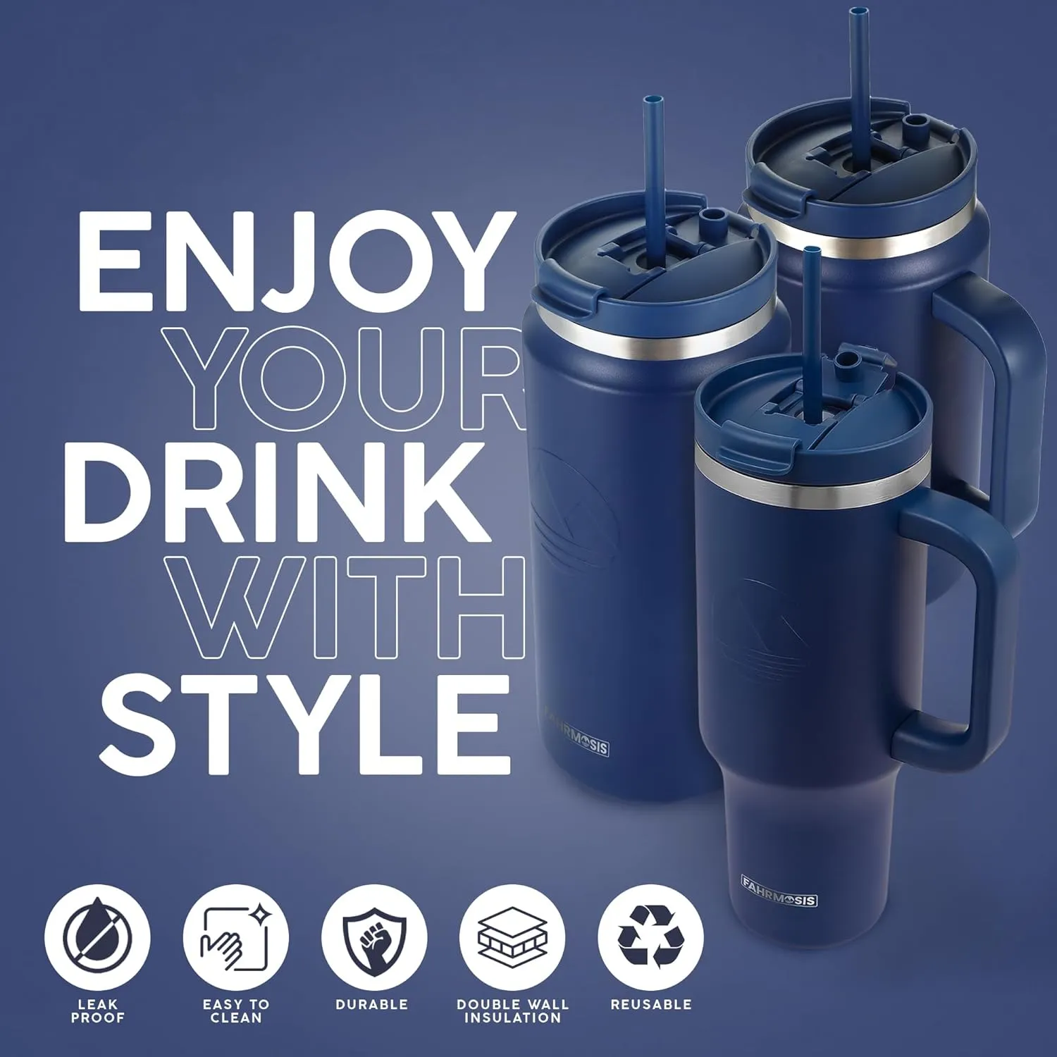 64 Oz Tumbler with Handle and Straw Half Gallon Water Bottle Stainless Steel Travel Mug for Hot & Cold Drinks, Reusable Water Bottle with Lids and Straw - Navy Blue