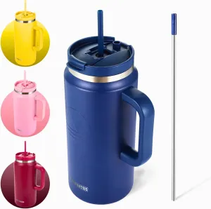 64 Oz Tumbler with Handle and Straw Half Gallon Water Bottle Stainless Steel Travel Mug for Hot & Cold Drinks, Reusable Water Bottle with Lids and Straw - Navy Blue
