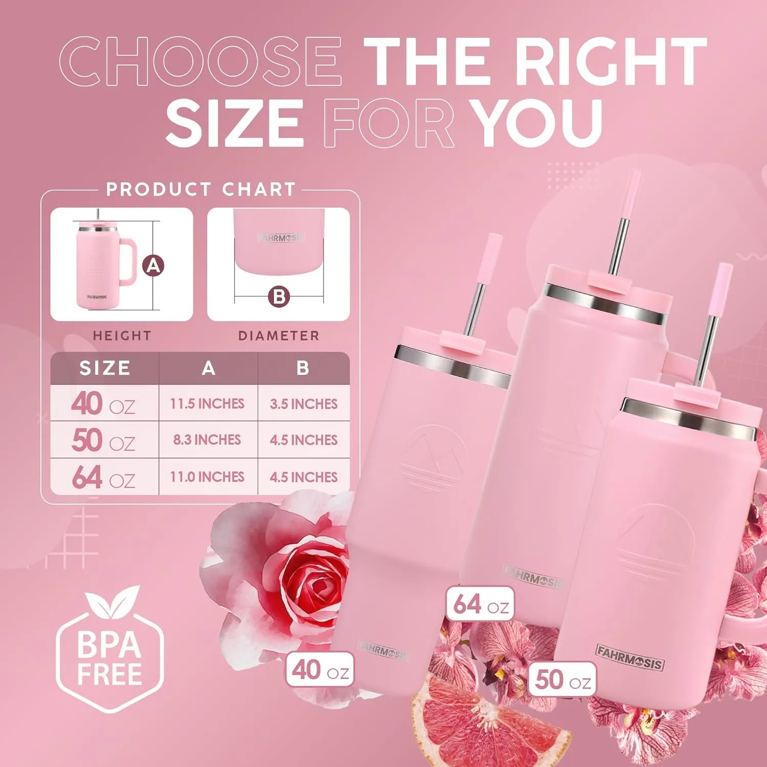 64 Oz Tumbler with Handle and Straw Half Gallon Water Bottle Stainless Steel Travel Mug for Hot & Cold Drinks, Reusable Water Bottle with Lids and Straw - Pink