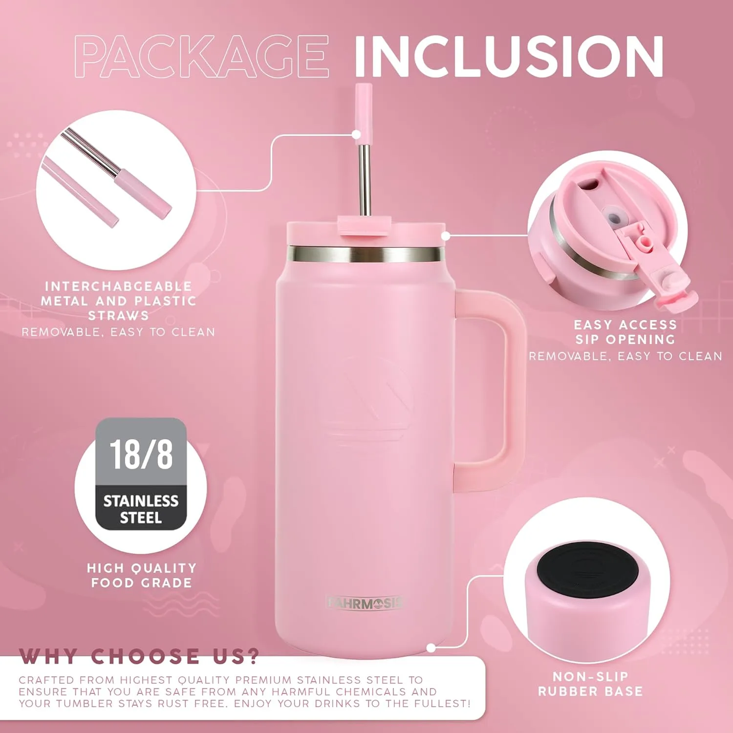 64 Oz Tumbler with Handle and Straw Half Gallon Water Bottle Stainless Steel Travel Mug for Hot & Cold Drinks, Reusable Water Bottle with Lids and Straw - Pink