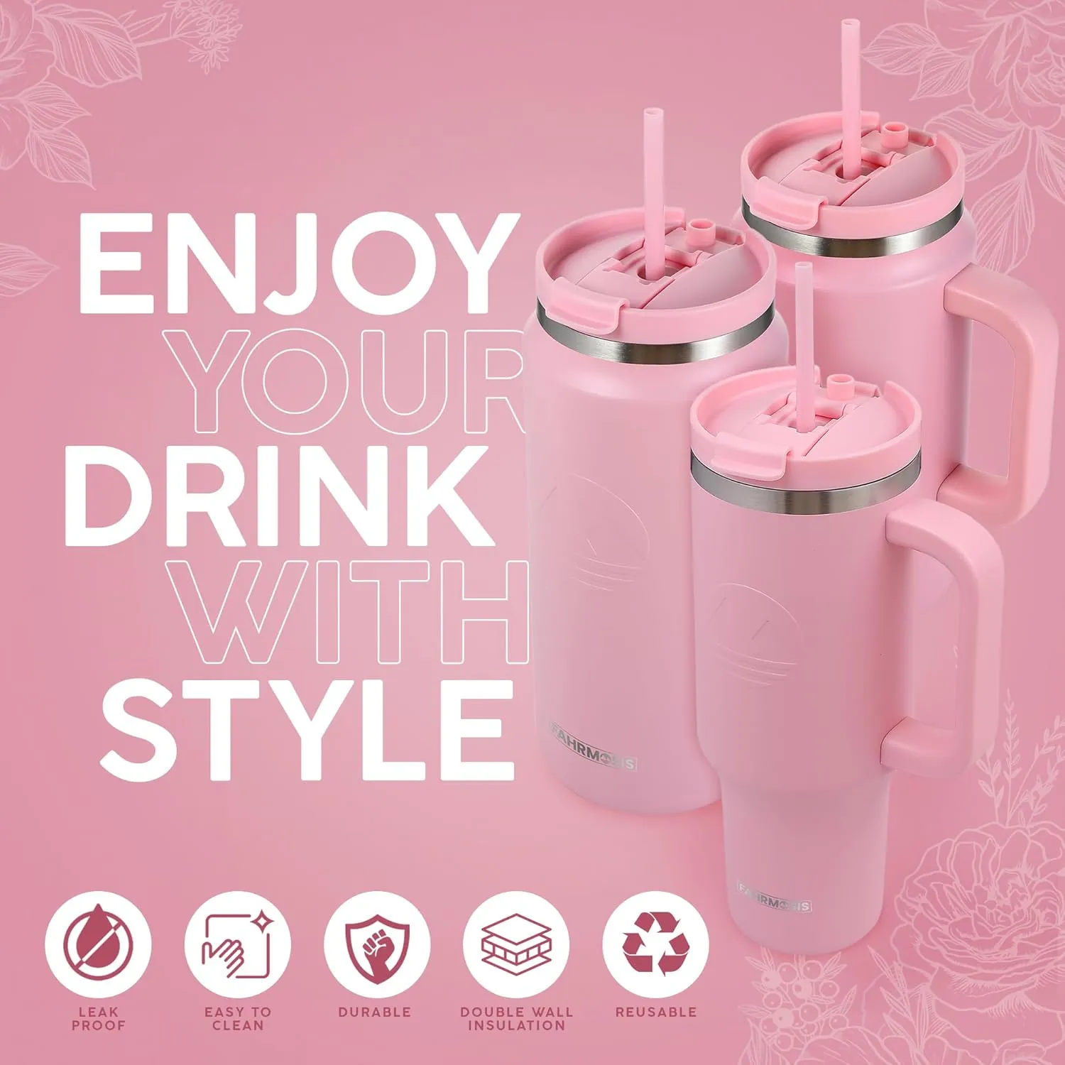 64 Oz Tumbler with Handle and Straw Half Gallon Water Bottle Stainless Steel Travel Mug for Hot & Cold Drinks, Reusable Water Bottle with Lids and Straw - Pink