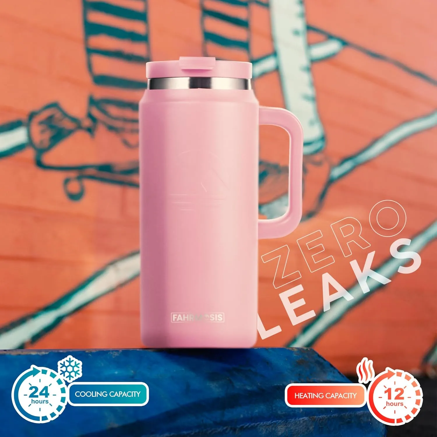 64 Oz Tumbler with Handle and Straw Half Gallon Water Bottle Stainless Steel Travel Mug for Hot & Cold Drinks, Reusable Water Bottle with Lids and Straw - Pink