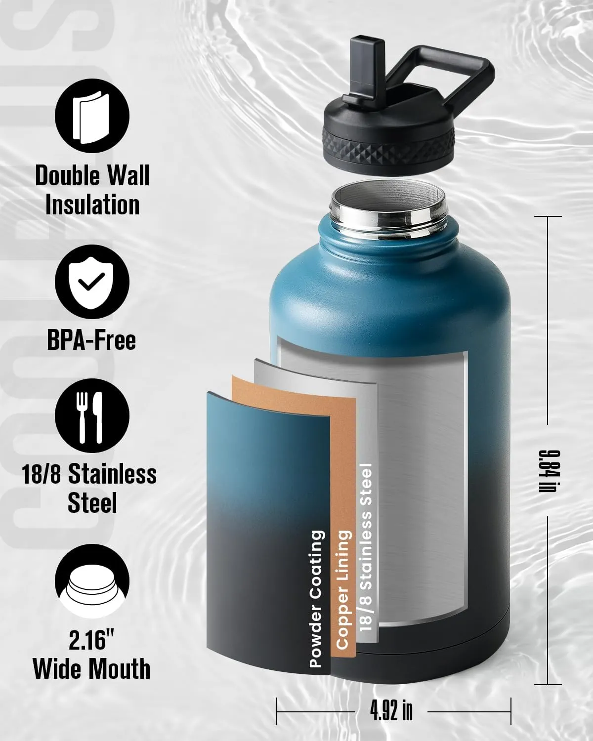 64 oz Water Bottle Insulated, Coolplus Half Gallon Insulated Water Jug With Straw Stainless Steel Double-Walled Vacuum Metal Large Flask Bpa-Free Leakproof, Keep Cold 48 Hrs Hot 24hrs, Blue Black