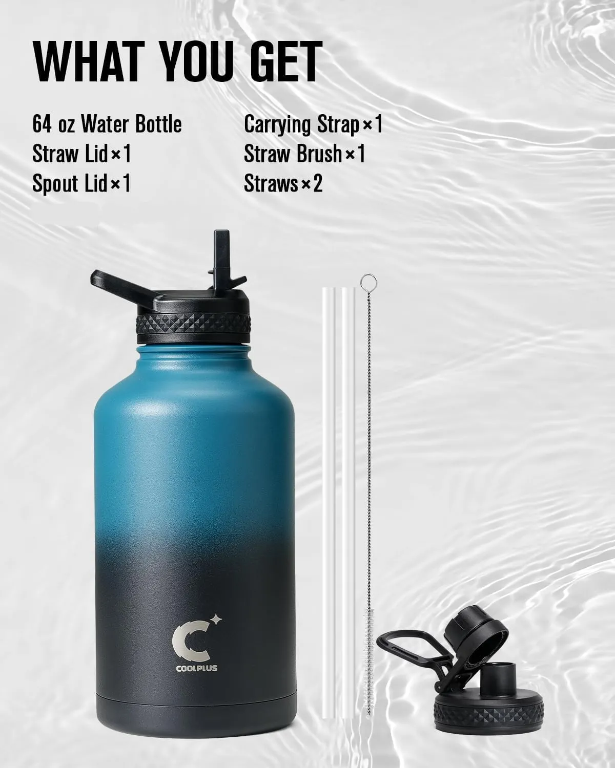 64 oz Water Bottle Insulated, Coolplus Half Gallon Insulated Water Jug With Straw Stainless Steel Double-Walled Vacuum Metal Large Flask Bpa-Free Leakproof, Keep Cold 48 Hrs Hot 24hrs, Blue Black