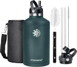 64 oz Water Bottle with 2 Lids, Half Gallon Double Wall Vacuum Insulated Stainless Steel Water Jug, Includes Carrying Pouch, Wide Mouth Metal Canteen for Gym, Sports, and Camping, Army Green.