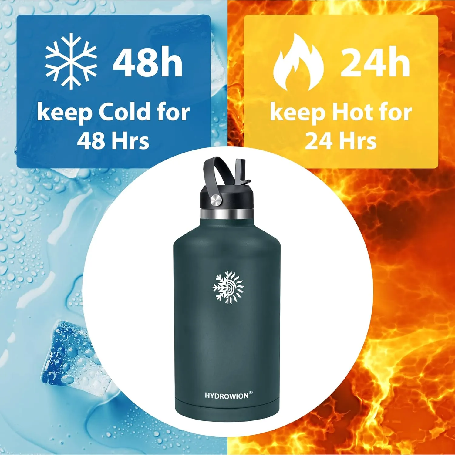 64 oz Water Bottle with 2 Lids, Half Gallon Double Wall Vacuum Insulated Stainless Steel Water Jug, Includes Carrying Pouch, Wide Mouth Metal Canteen for Gym, Sports, and Camping, Army Green.