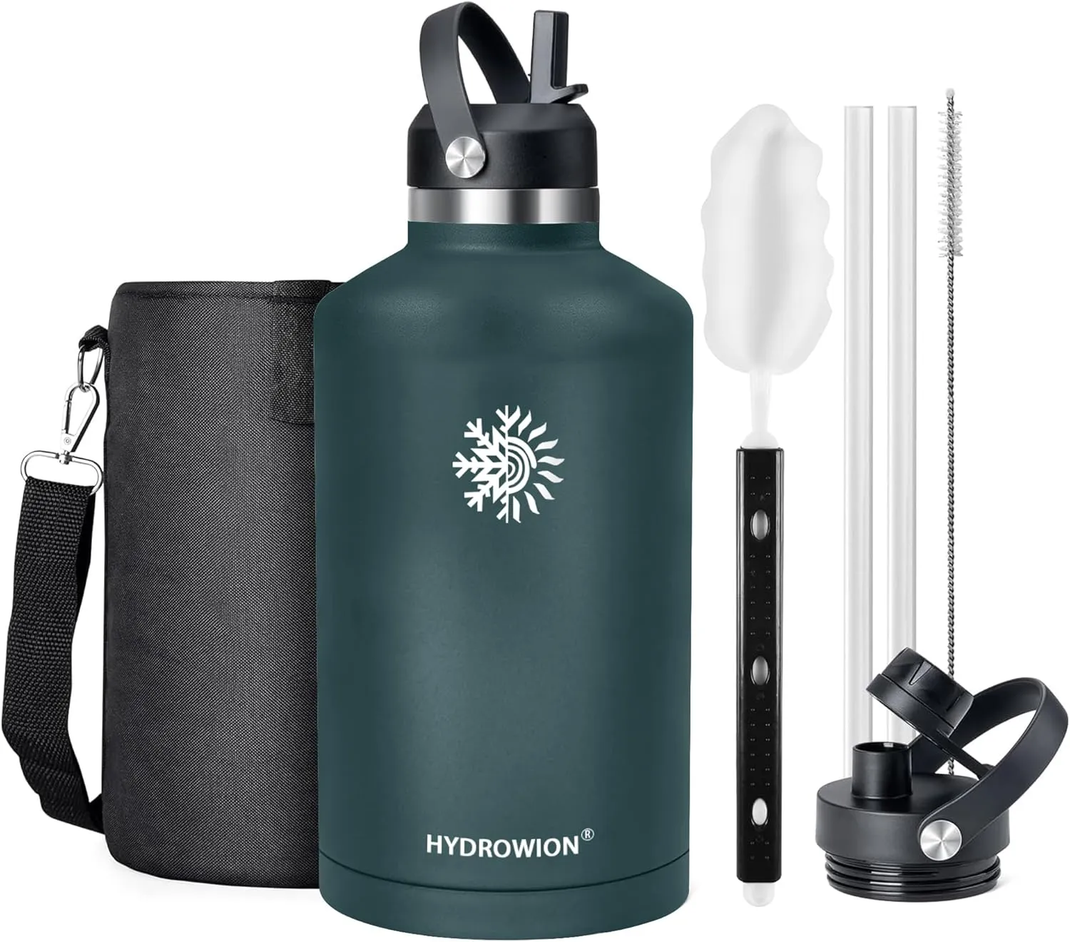64 oz Water Bottle with 2 Lids, Half Gallon Double Wall Vacuum Insulated Stainless Steel Water Jug, Includes Carrying Pouch, Wide Mouth Metal Canteen for Gym, Sports, and Camping, Army Green.