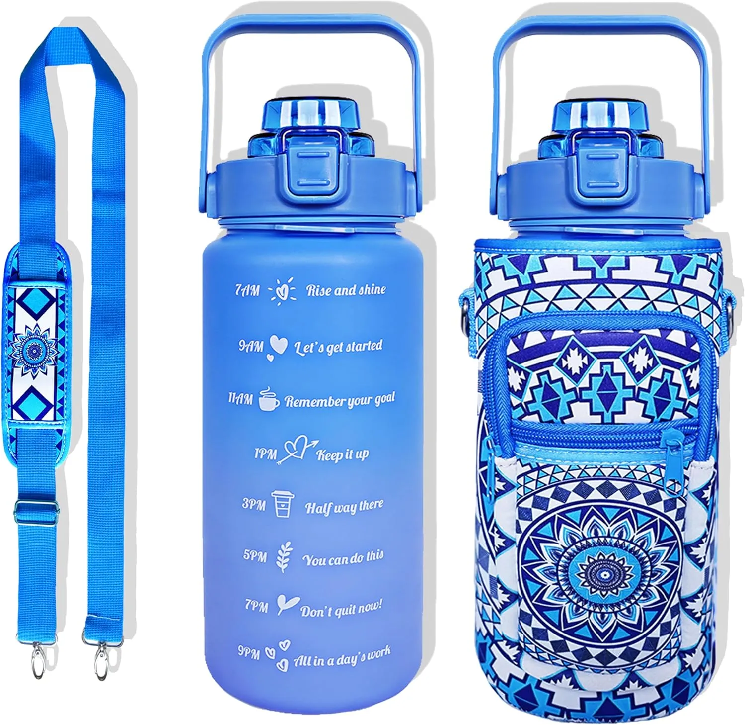 64 oz Water Bottle with Straw Sleeve & Strap Motivational Half Gallon Water Jug with Handle for Gym Women Men Aesthetic Water Bottle with Strap Datura