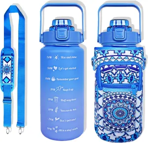 64 oz Water Bottle with Straw Sleeve & Strap Motivational Half Gallon Water Jug with Handle for Gym Women Men Aesthetic Water Bottle with Strap Datura