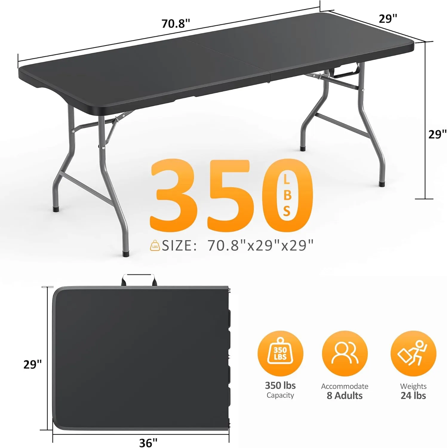 6FT Folding Table Heavy Duty Foldable Table Lightweight Plastic Table with Reinforced Legs for Indoor Outdoor Use Perfect Portable Tables Folding for Parties, BBQs, Weddings, Camping Black
