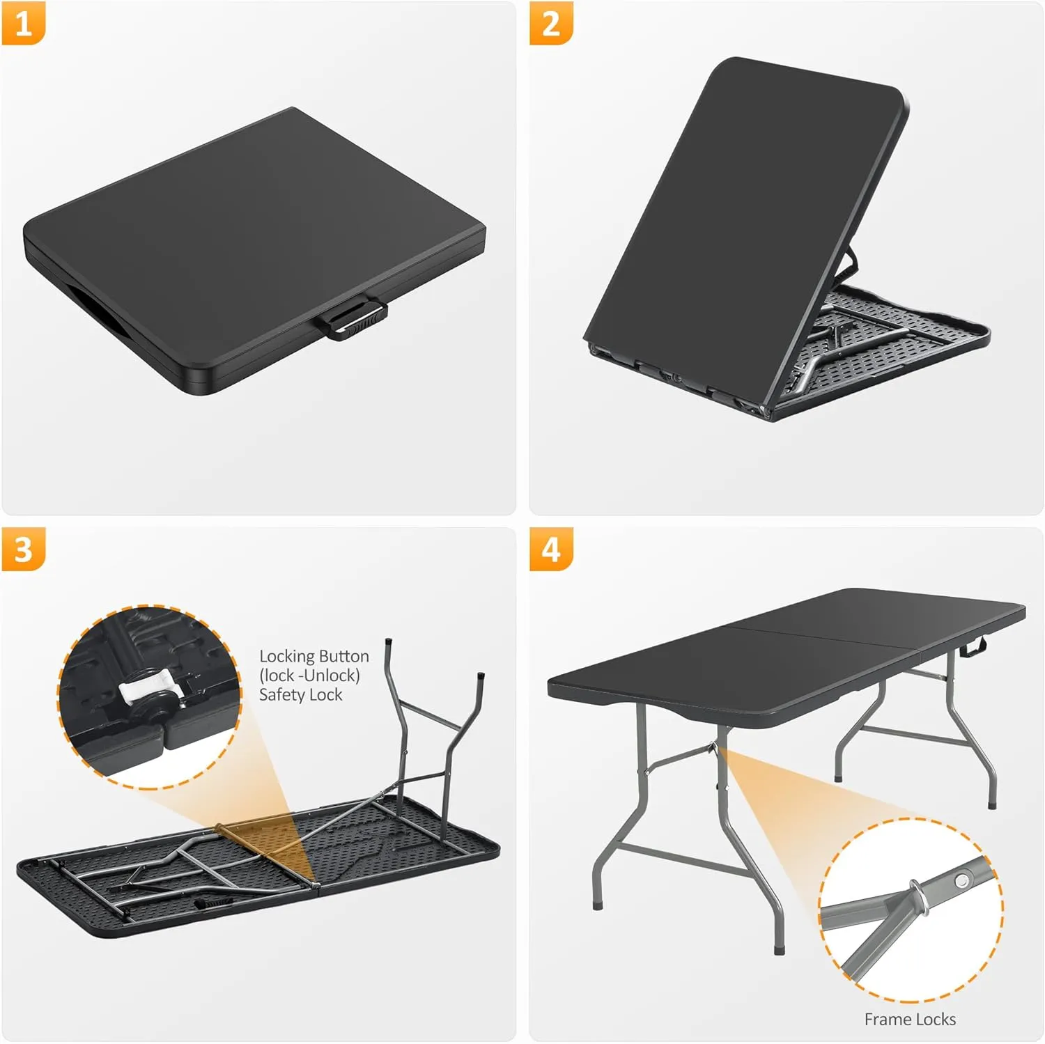 6FT Folding Table Heavy Duty Foldable Table Lightweight Plastic Table with Reinforced Legs for Indoor Outdoor Use Perfect Portable Tables Folding for Parties, BBQs, Weddings, Camping Black