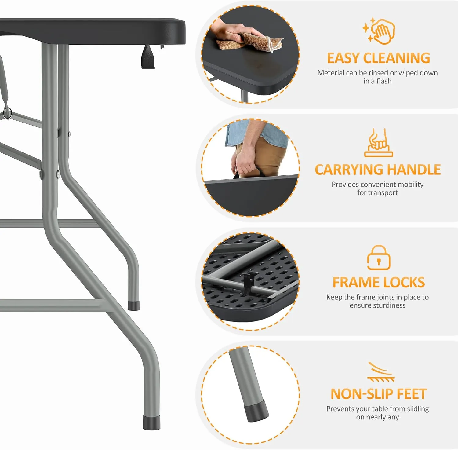 6FT Folding Table Heavy Duty Foldable Table Lightweight Plastic Table with Reinforced Legs for Indoor Outdoor Use Perfect Portable Tables Folding for Parties, BBQs, Weddings, Camping Black