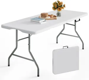 6FT Folding Table Heavy Duty Foldable Table Lightweight Plastic Table with Reinforced Legs for Indoor Outdoor Use Perfect Portable Tables Folding for Parties, BBQs, Weddings, Camping White