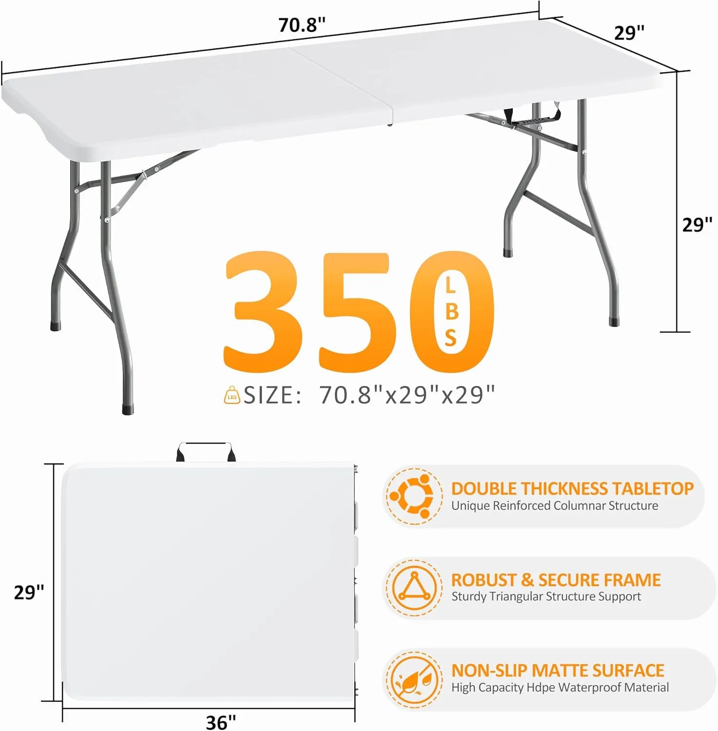 6FT Folding Table Heavy Duty Foldable Table Lightweight Plastic Table with Reinforced Legs for Indoor Outdoor Use Perfect Portable Tables Folding for Parties, BBQs, Weddings, Camping White