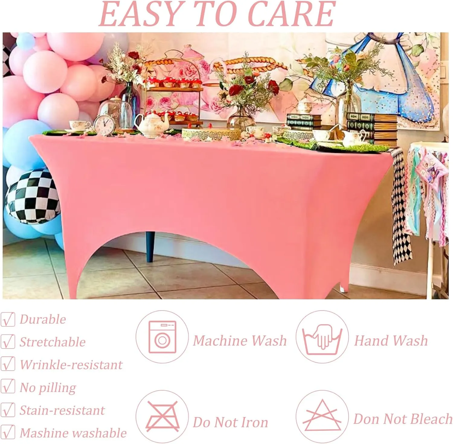 6FT Spandex Table Cover Table Cloth for Folding Tables Fitted Rectangular Tablecover Washable Wrinkle Resistant Polyester Stretch Tablecloth Protector for Wedding Banquet Party (4 Pack, Dusty Rose)