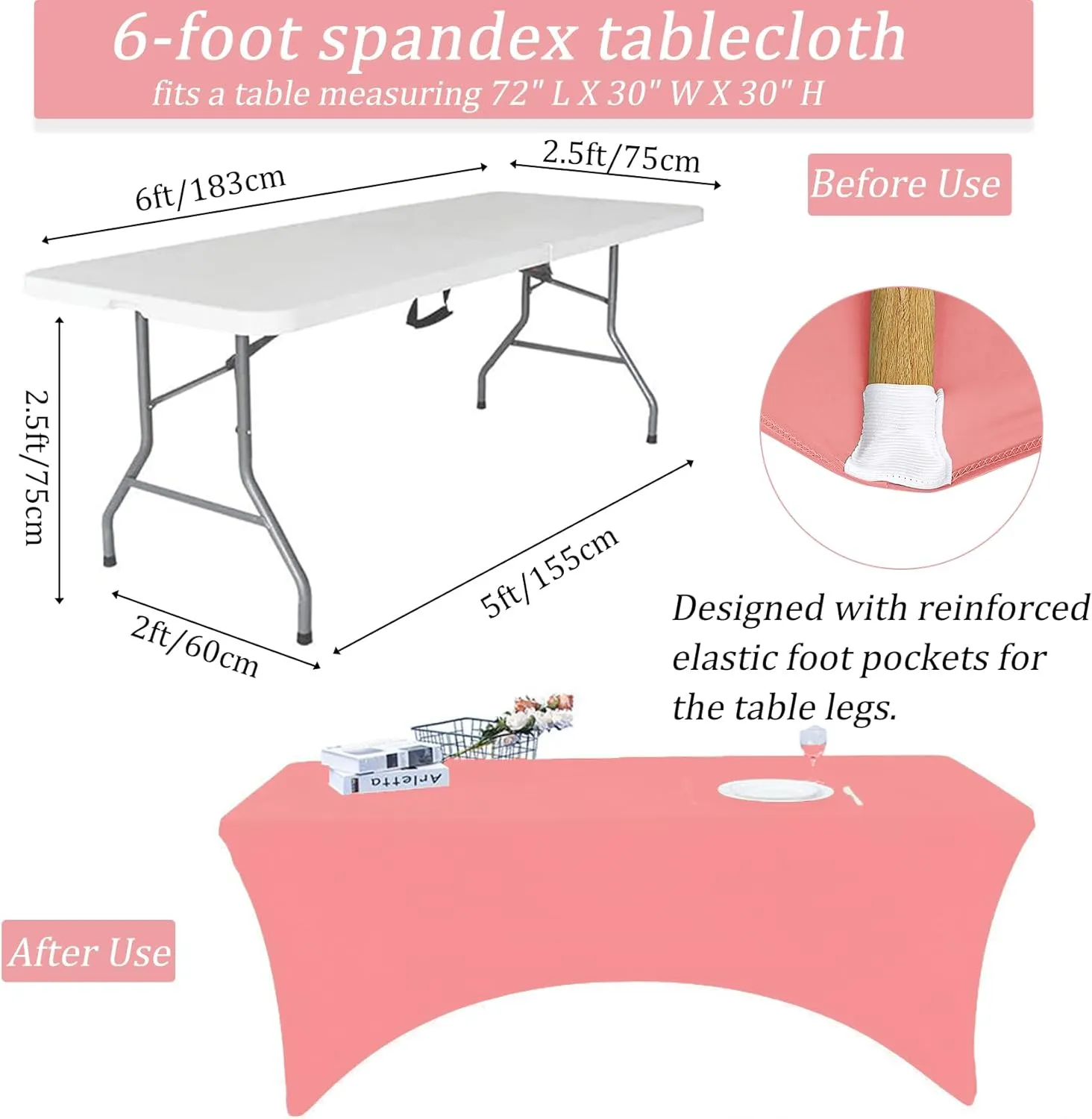 6FT Spandex Table Cover Table Cloth for Folding Tables Fitted Rectangular Tablecover Washable Wrinkle Resistant Polyester Stretch Tablecloth Protector for Wedding Banquet Party (4 Pack, Dusty Rose)