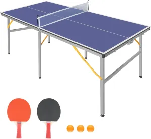 6X3ft Portable Ping Pong Table Game Set, Mid-Size Table Tennis Tables - Olding Indoor Outdoor Table Tennis with Net for Adults/Teens,2 Table Tennis Paddles and 3 Balls