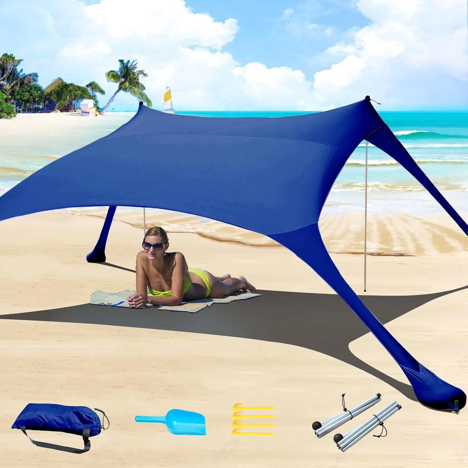 7×7 FT Beach Tent Sun Shelter UPF50  UV Protection, Outdoor Canopy Tent Sun Shade with 2 Poles for Camping, Beach, Fishing, Backyard and Picnics