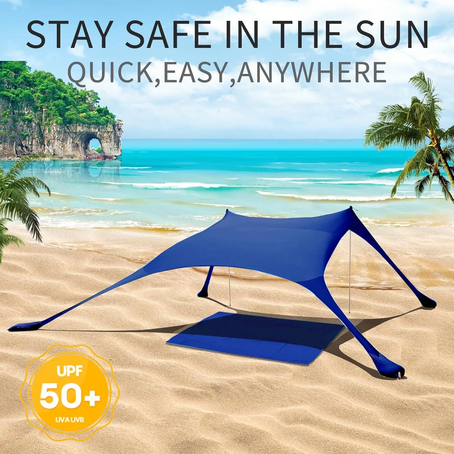 7×7 FT Beach Tent Sun Shelter UPF50  UV Protection, Outdoor Canopy Tent Sun Shade with 2 Poles for Camping, Beach, Fishing, Backyard and Picnics
