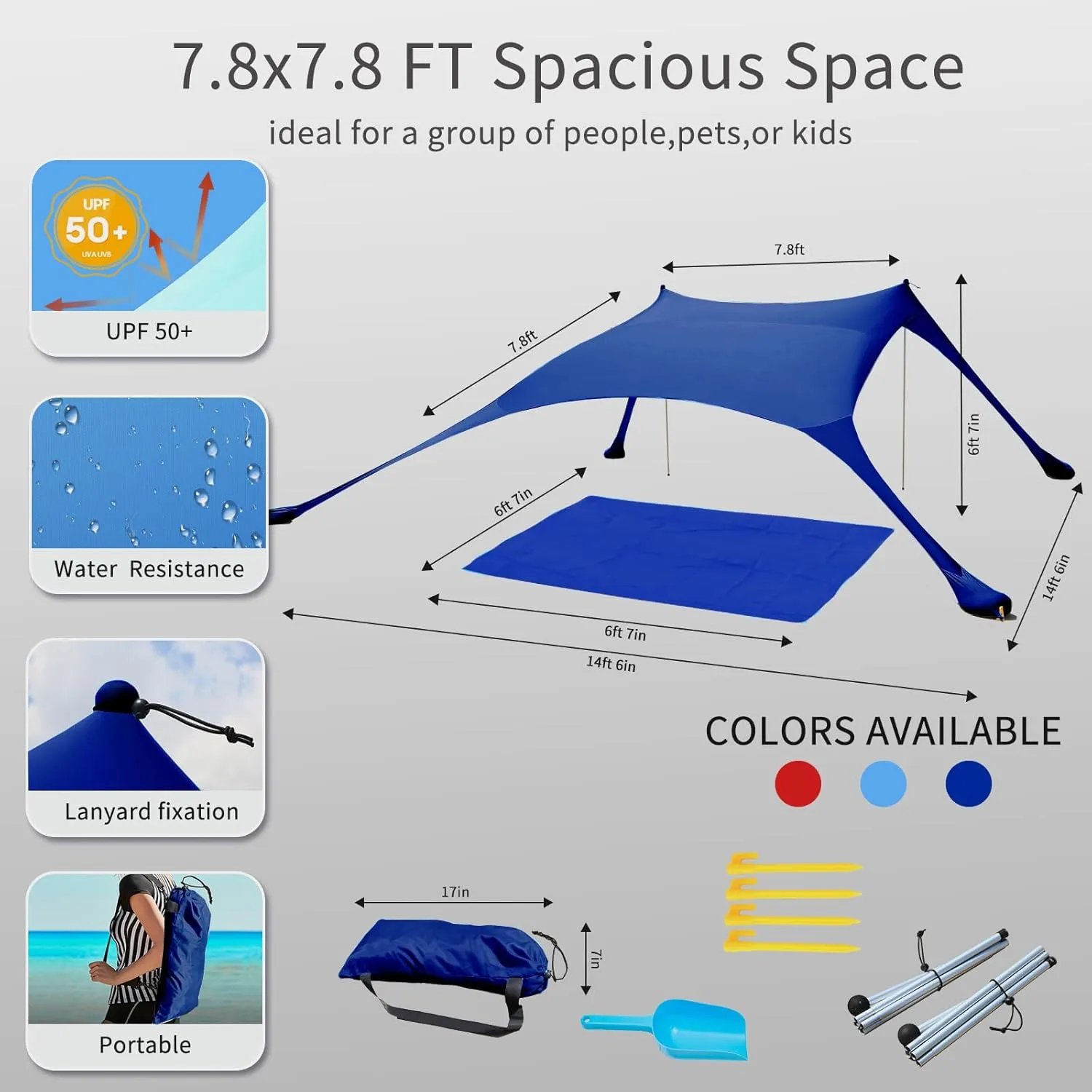 7×7 FT Beach Tent Sun Shelter UPF50  UV Protection, Outdoor Canopy Tent Sun Shade with 2 Poles for Camping, Beach, Fishing, Backyard and Picnics
