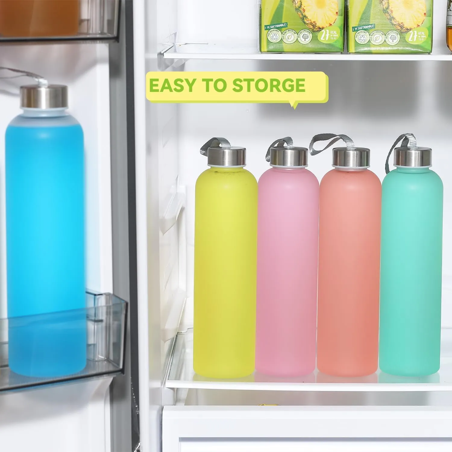 8 Pack Clear Water Bottles Bulk With Stainless Steel Lids 27OZ Frosted Water Bottles Reusable and For Travel and Storing Beverages Juice, Smoothies (8)