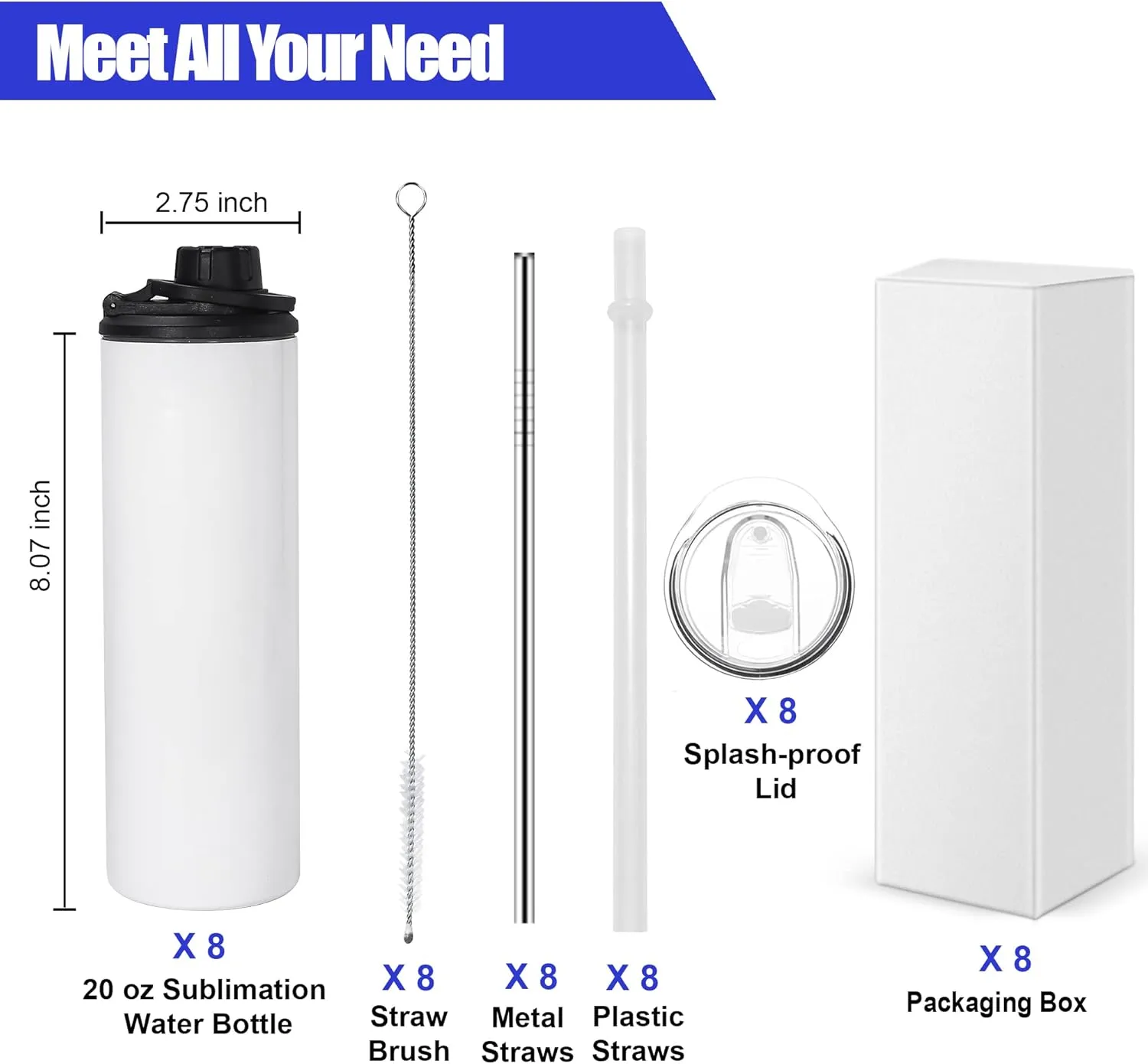 8 Pack Sublimation Water Bottle Blanks 20 oz Sublimation Sports Water Bottle with Handle Stainless Steel Sublimation Tumbler Blanks with Lids and Straws, Individually Box, White, Diy Gift
