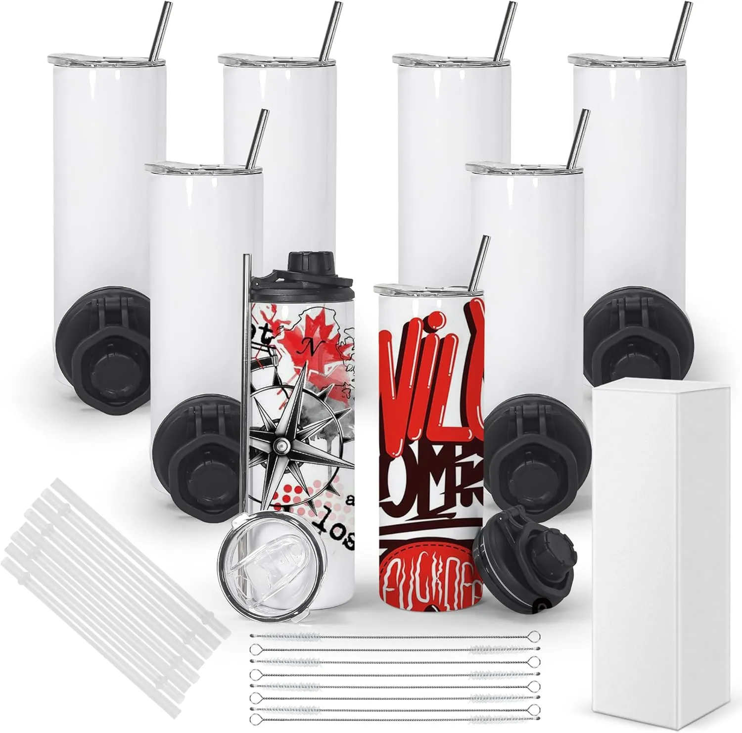 8 Pack Sublimation Water Bottle Blanks 20 oz Sublimation Sports Water Bottle with Handle Stainless Steel Sublimation Tumbler Blanks with Lids and Straws, Individually Box, White, Diy Gift