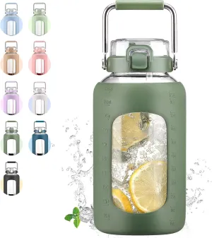 84oz Glass Water Bottle with Stainless Steel Handle,2.5L Gallon Water Bottle with 2-IN-1 Straw Lid, Silicone Sleeve and Motivational Capacity Marker, Wide Mouth Water Jug For Gym, Workout, Olive