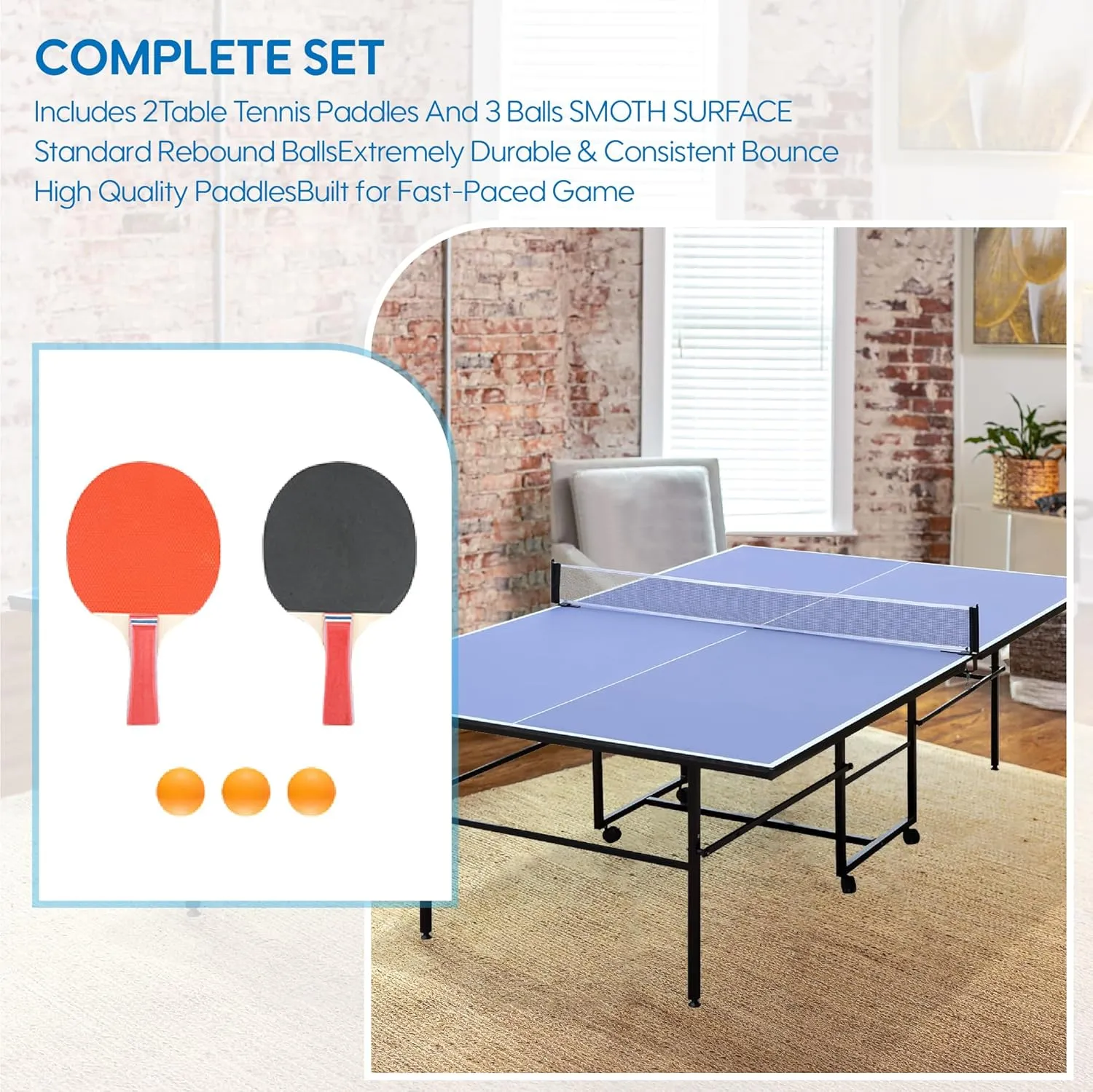 8FT/9ft Mid-Size Ping Pong Table Foldable, Outdoor Table Tennis Table Portable Ping Pong Table Set for Backyard Garden Indoor Games with Net, 2 Table Tennis Paddles and 3 Balls