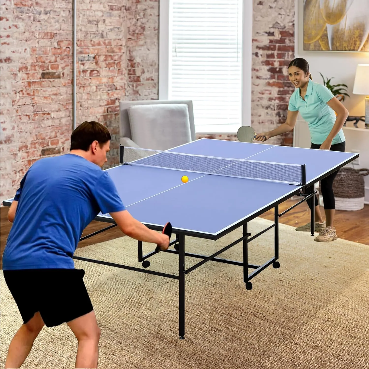 8FT/9ft Mid-Size Ping Pong Table Foldable, Outdoor Table Tennis Table Portable Ping Pong Table Set for Backyard Garden Indoor Games with Net, 2 Table Tennis Paddles and 3 Balls