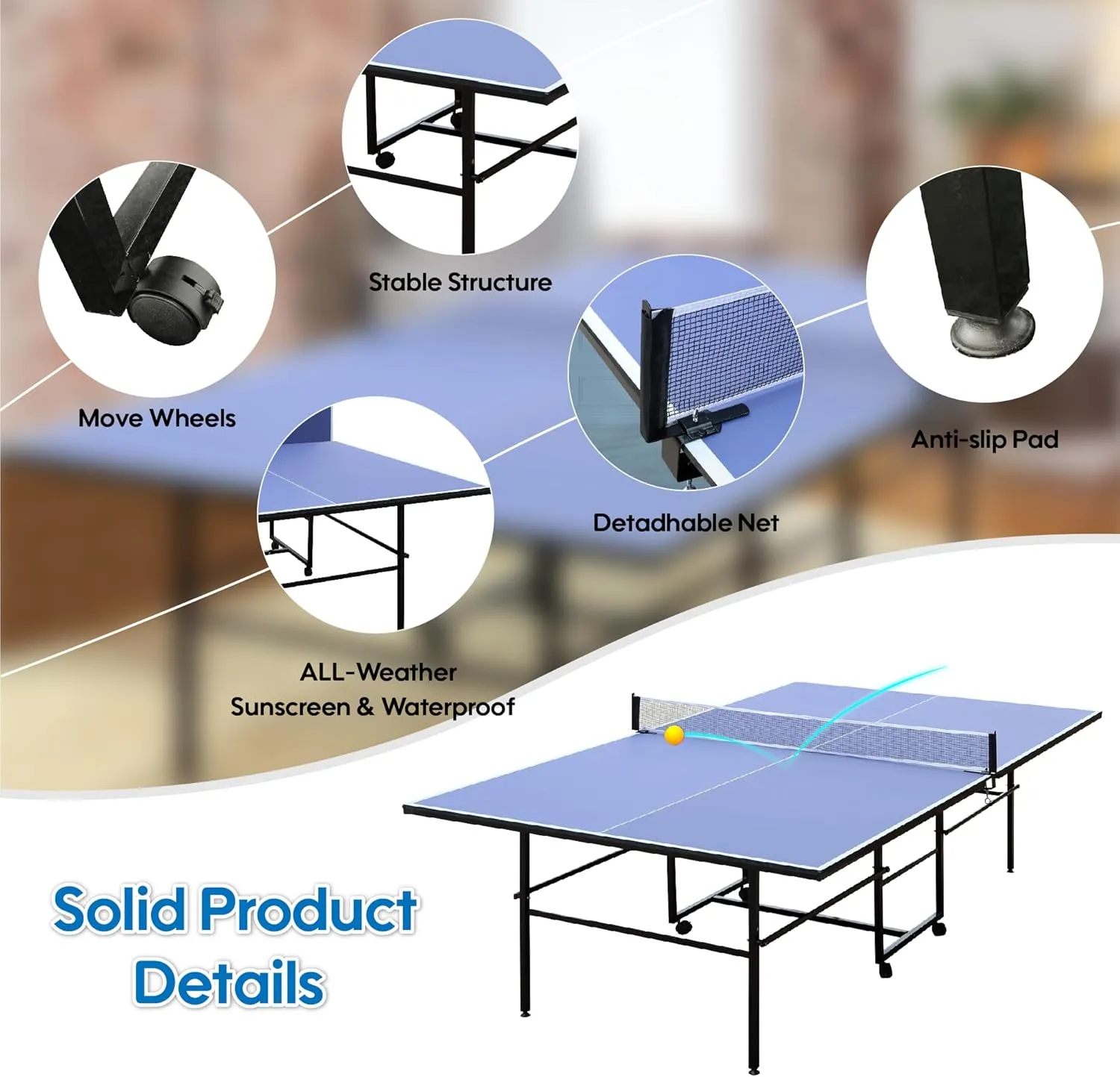 8FT/9ft Mid-Size Ping Pong Table Foldable, Outdoor Table Tennis Table Portable Ping Pong Table Set for Backyard Garden Indoor Games with Net, 2 Table Tennis Paddles and 3 Balls