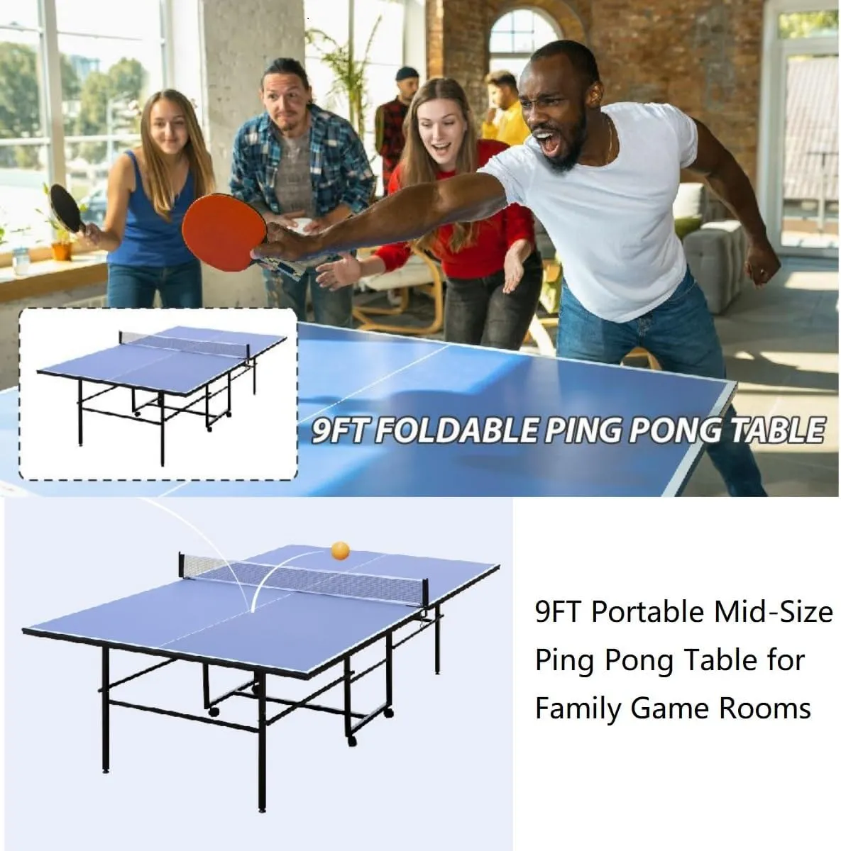 8FT/9ft Mid-Size Ping Pong Table Foldable, Outdoor Table Tennis Table Portable Ping Pong Table Set for Backyard Garden Indoor Games with Net, 2 Table Tennis Paddles and 3 Balls