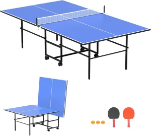 9FT Mid-Size Table Tennis Table, Professional Foldable Ping Pong Table for Indoor & Outdoor with Net, 2 Table Tennis Paddles and 3 Balls - Perfect for Family Game Rooms