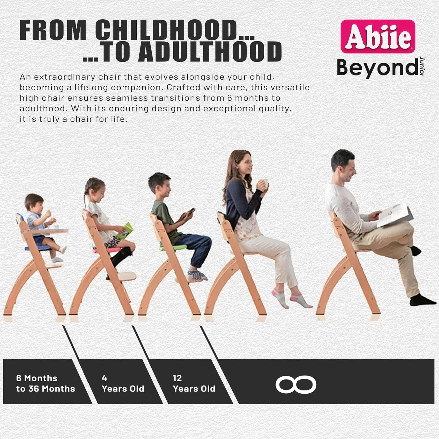 Abiie Beyond Junior Wooden High Chair with Tray - Adjustable and Convertible High Chair for Babies and Toddlers - 6 Months to 250 Lb - Water Resistant - Mahogany Wood with White Cushion