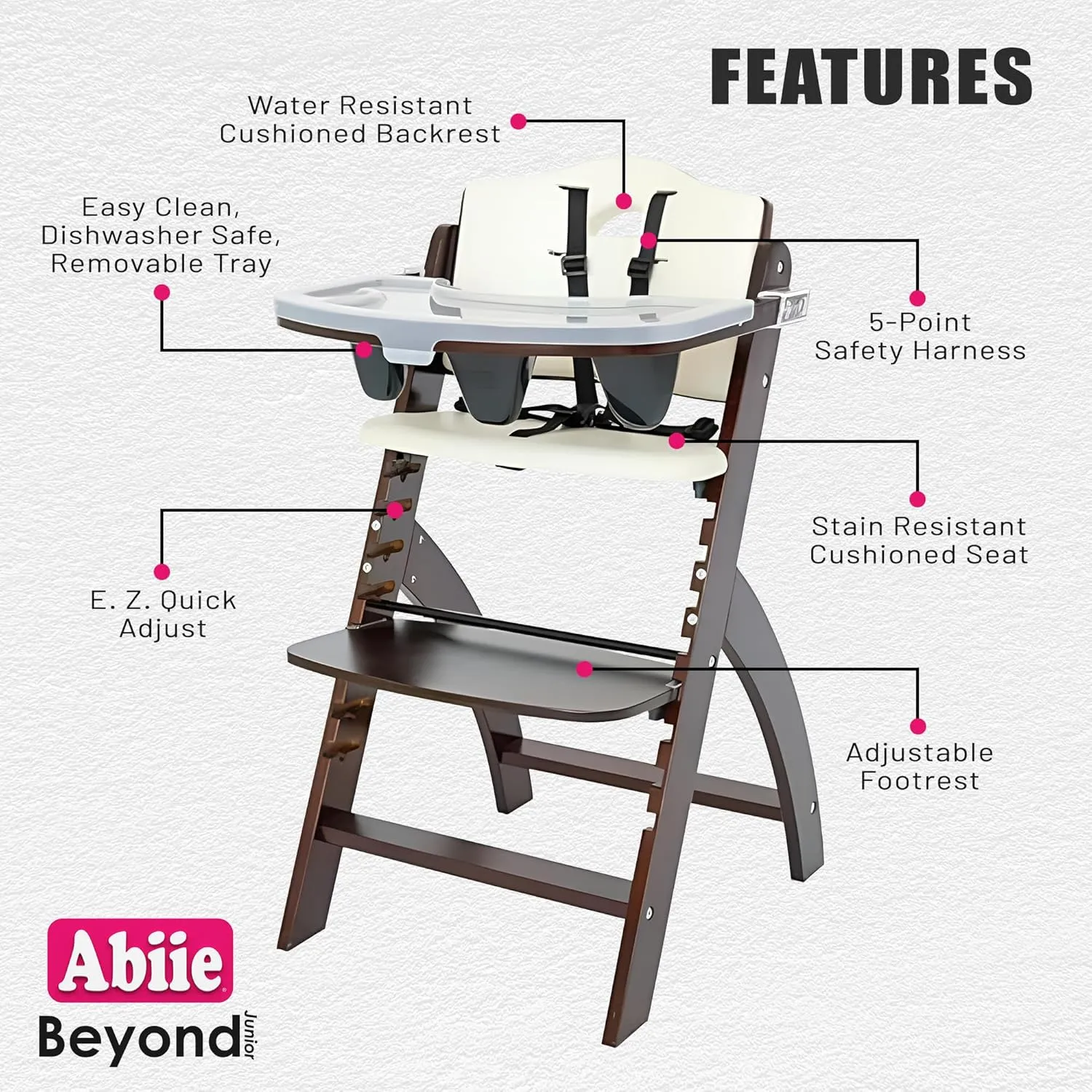 Abiie Beyond Junior Wooden High Chair with Tray - Adjustable and Convertible High Chair for Babies and Toddlers - 6 Months to 250 Lb - Water Resistant - Mahogany Wood with White Cushion